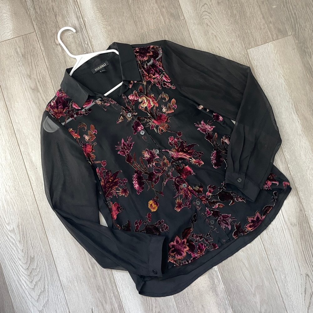 Velvet Burnout Blouse sheer button up womens Black (medium) dark romantic grunge